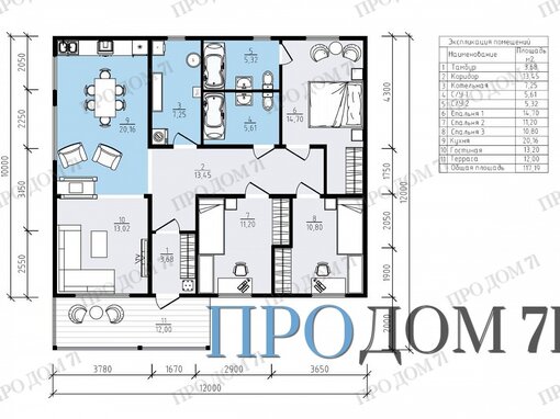 Каркасного дома КД011 - дом 12х10 - планировка 1 этажа